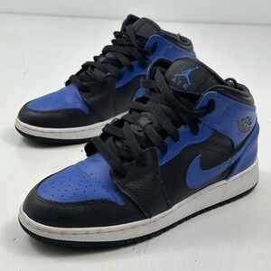 NIKE Air Jordan 1 Mid Black Hyper Royal Shoes Blue 6.5 Youth Basketball Sneakers
